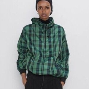 Zara Womens Green Black Plaid Check Hooded Anorak 1/4 Zip Pullover Jacket XS‎